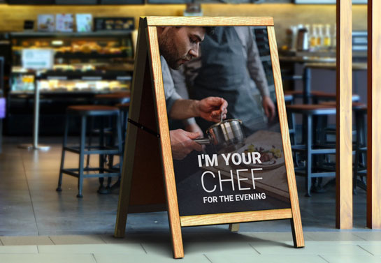 outdoor restaurant sandwich board idea with the Chef image and quote