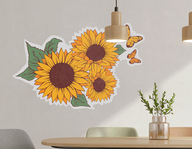 Overline cut home wall decal with yellow sunflowers and butterflies