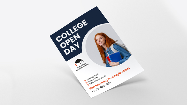 College Open Day paper poster with contact info and smiling female student.