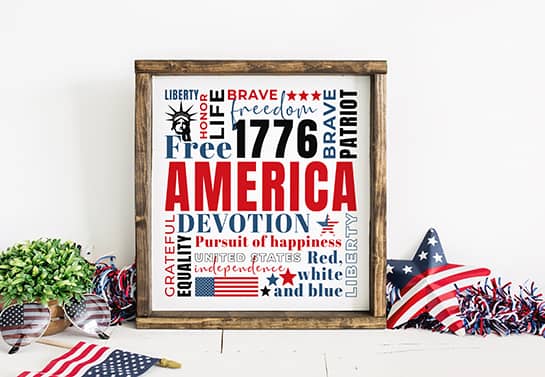 patriotic home decor idea displaying different USA symbols and phrases