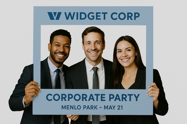 Three people holding up a corporate party selfie frame for a photo.