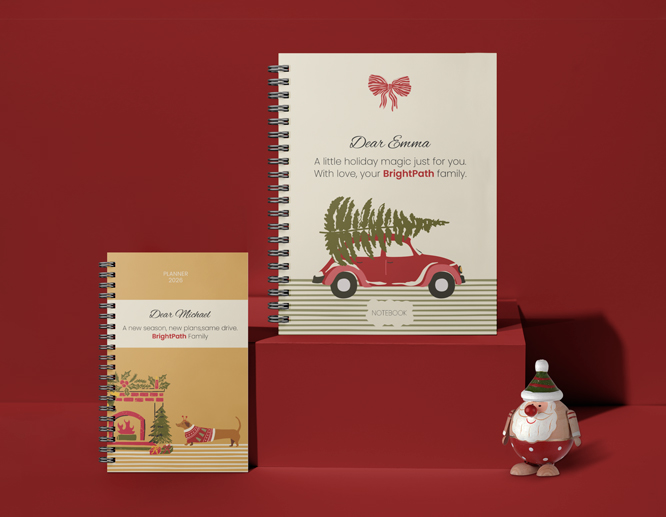 Personalized Christmas notebooks with holiday wishes and thematic images