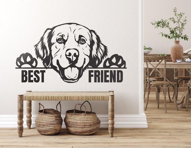A cute living room vinyl wall decal portraying a dog above a small table