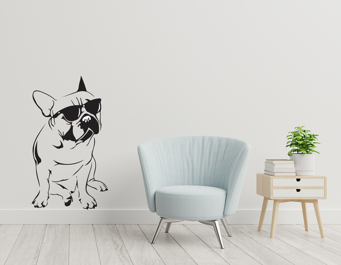 Black and white living room vinyl wall art decal depicting a dog