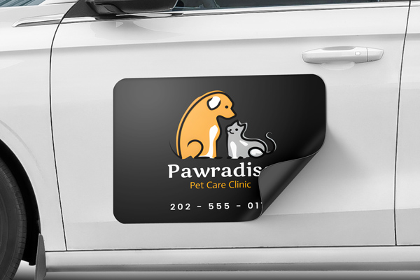 A pet care clinic car door magnet showing the company name and the phone number.