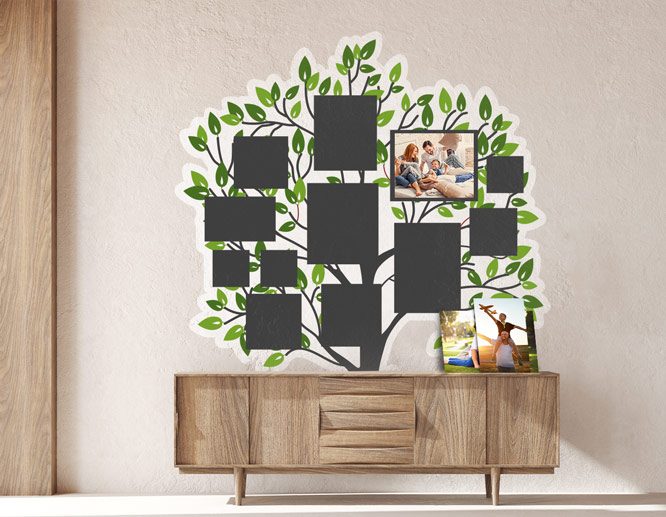 Family tree decal with photo frame spaces decorating the wall behind the foyer table