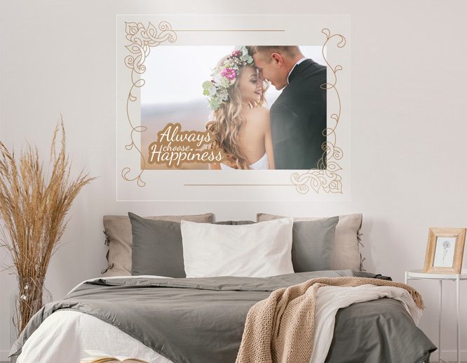 Bedroom vinyl wall decals with wedding photography above the bed