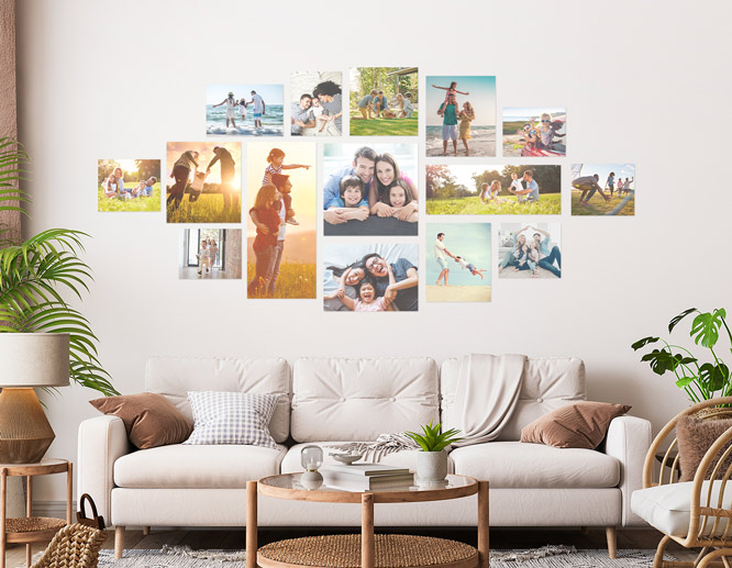 Photographic living room vinyl wall decal above a sofa