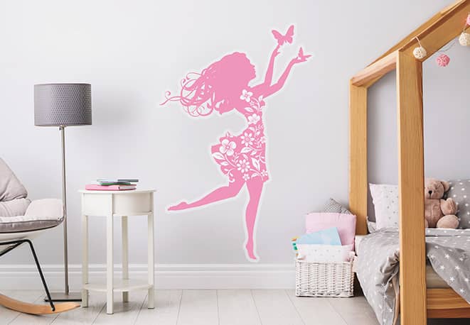kids bedroom wall decor idea with a pink girl silhouette catching butterflies