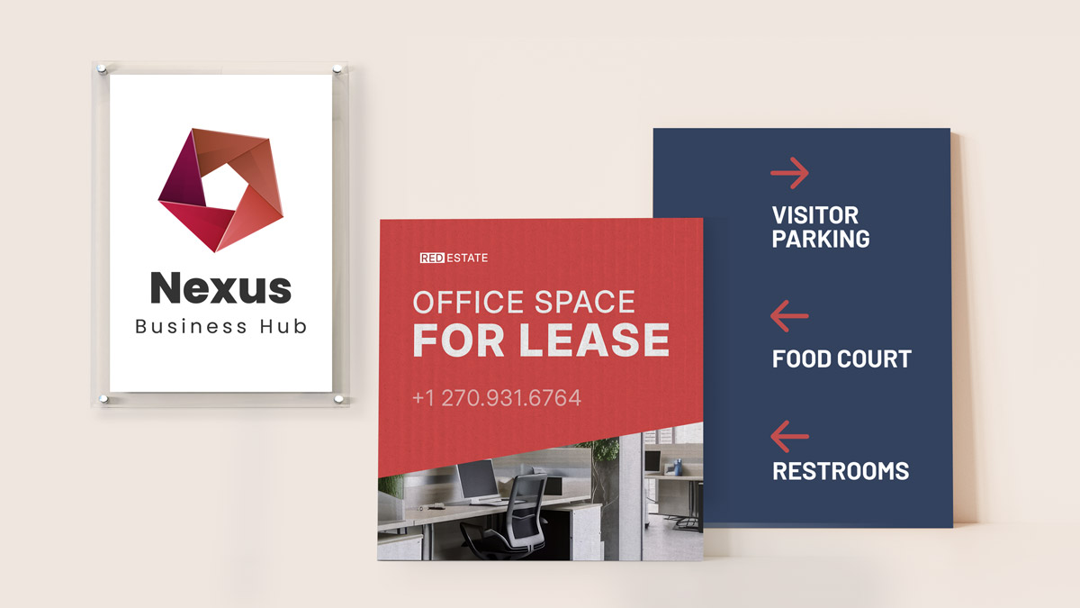 Various plastic signs for branding, advertising, and wayfinding purposes.