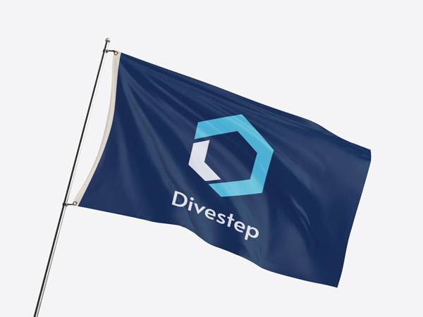 blue pole flag with divestep text and oval shape graphic 