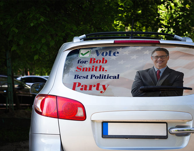 Sticky political party branding graphics applied to the car window