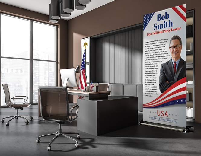 Large political party branded office display with the candidate's photo