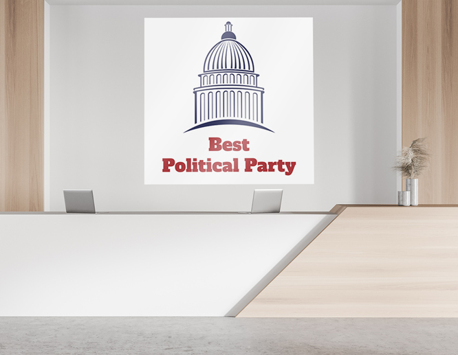 Branded political campaign advertising graphics applied to the office wall