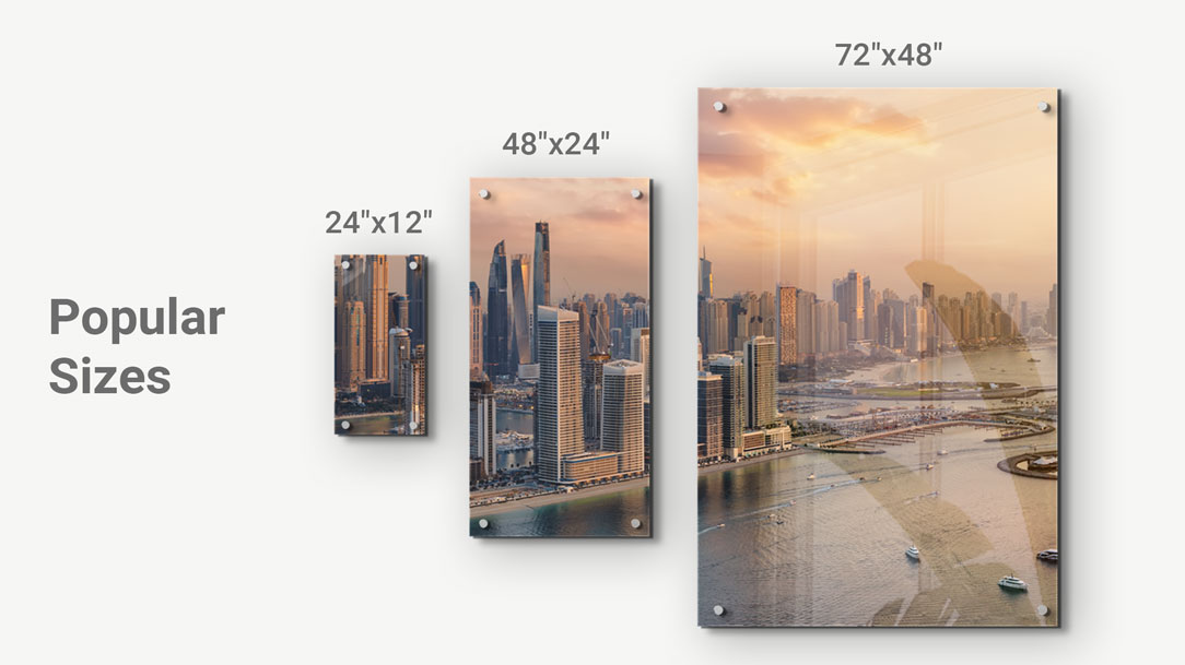 Popular acrylic photo print sizes displayed with beautiful cityscape images.