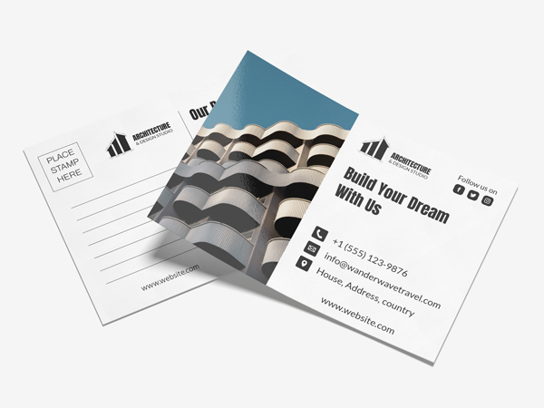 Set of architectural postcards featuring a building with wavy balconies alongside contact details