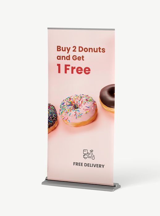 Promotional premium retractable banner featuring donut illustrations