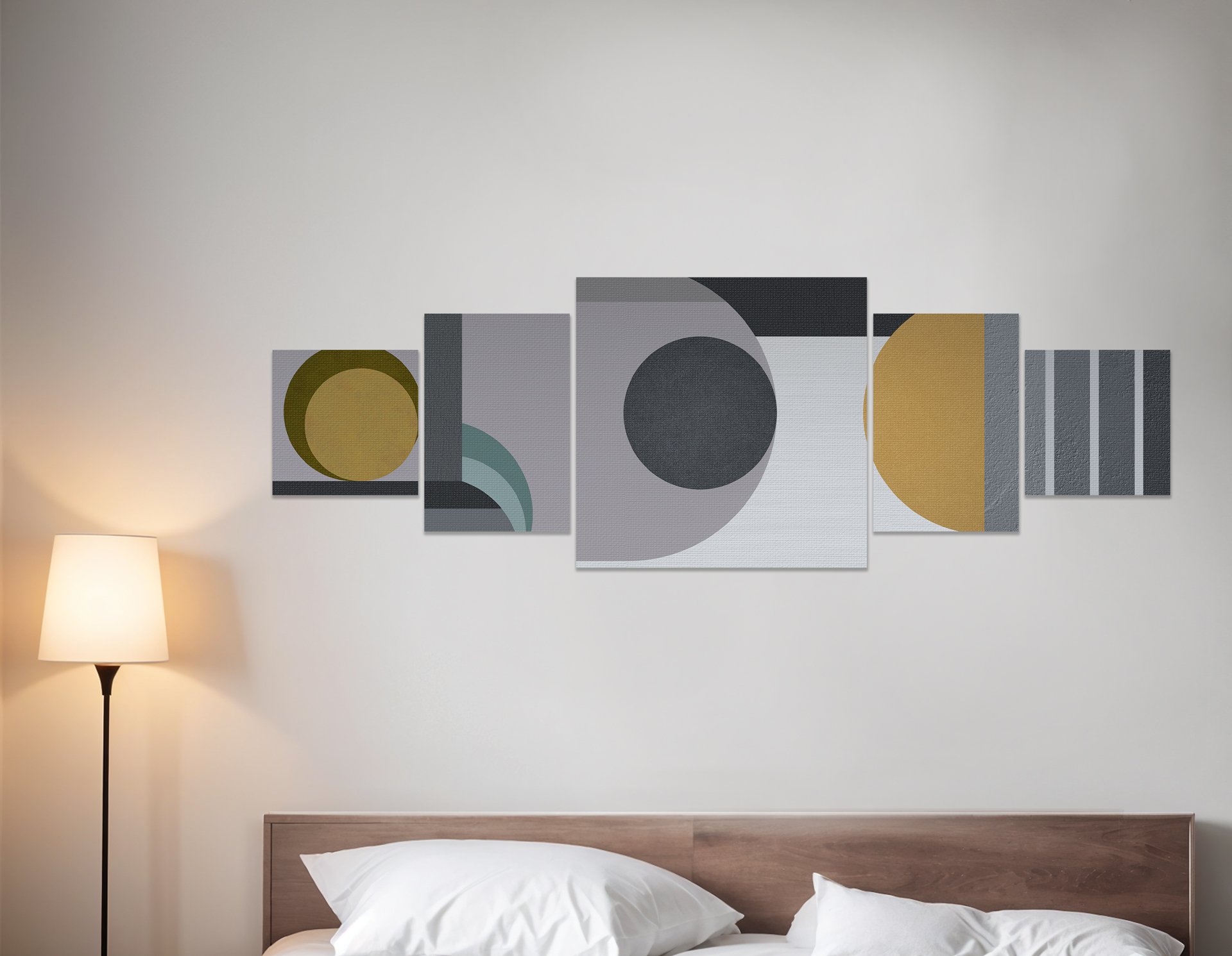 Artful five piece canvas prints with abstract visuals on the bedroom wall.