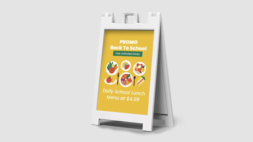Back to school sandwich board with dish images on bright yellow background.
