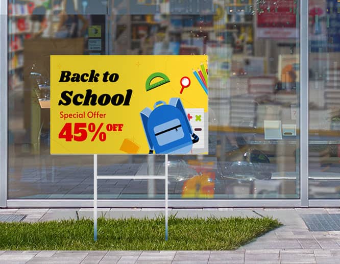 Promotional back to school sign displaying the special sale at the storefront
