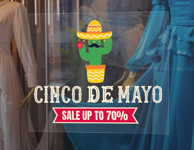 Adhesive happy Cinco de Mayo sign attached to a shop window for advertisement