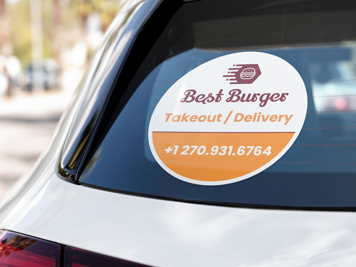 Promotional die cut sticker reading Best Burger, Takout/Delivery, and the phone number 