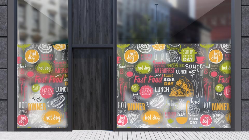 promotional restaurant window decal with colorful graphics