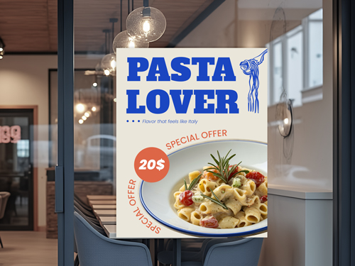 Promotional restaurant window graphics showcasing a special offer for Pasta dishes.