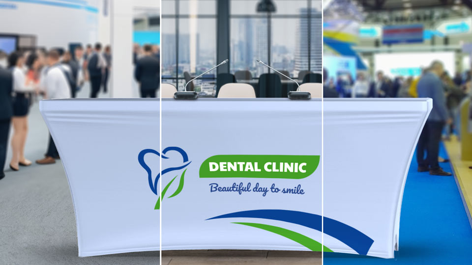 Promotional stretch table cover for a dentistry shown at an expo, job fair and conference