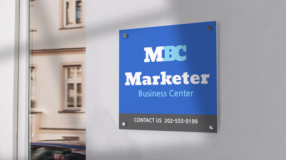 wall-mounted styrene sign in blue with business logo