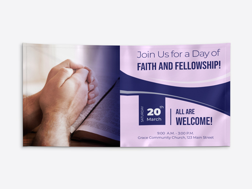 Bright church sign displaying praying hands, welcoming all attendees to A Day of Faith and Fellowship