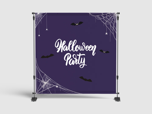 Purple Halloween party step and repeat banner with bats and spider webs.