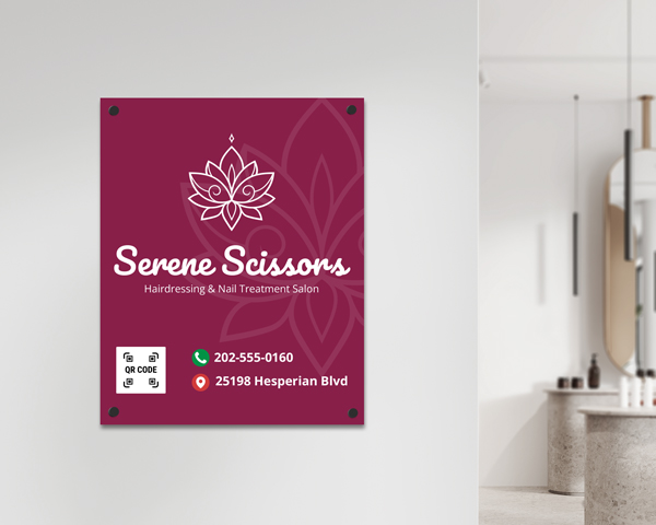 Serene Scissors hairdressing and nail treatment salon PVC sign in purple.