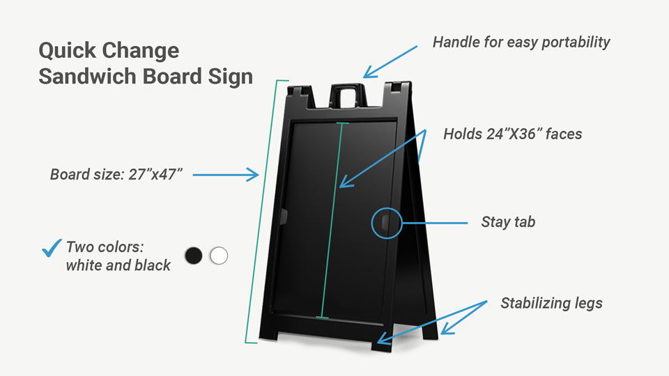 Lightweight sandwich board sign with easy-change features and black or white options