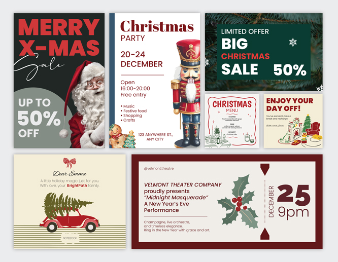 Collection of festive Christmas design templates featuring sales, party, and greeting themes.