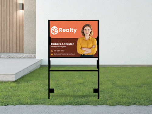 Impactful real estate sign showcasing a realty agent's portrait and contact details
