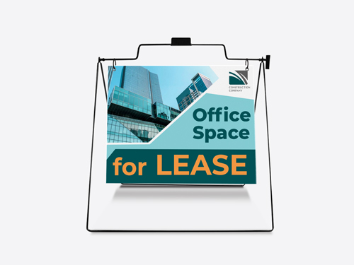 Office real estate sign advertising a space available for leasing and featuring a building