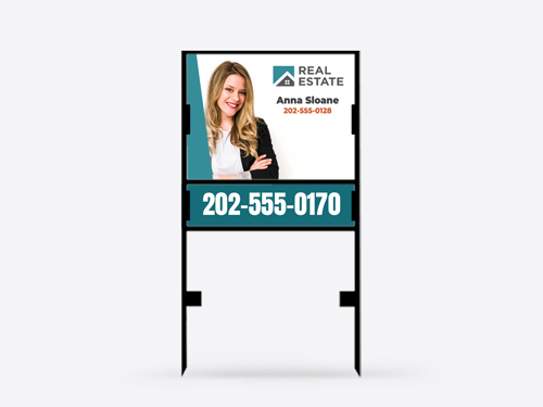 Professional realtor sign showcasing a real estate agent's headshot and contact number