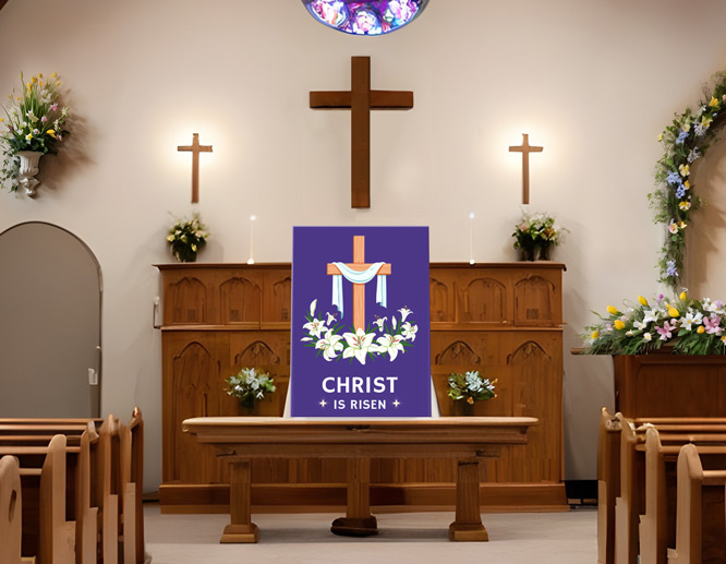 Easter sanctuary decorating ideas with a purple rectangular plaque placed near the altar