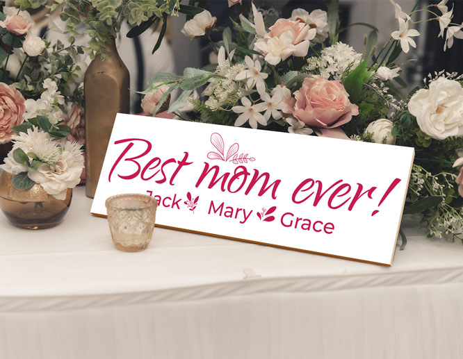 Free-standing Mother's Day sign design in white with a red text on it