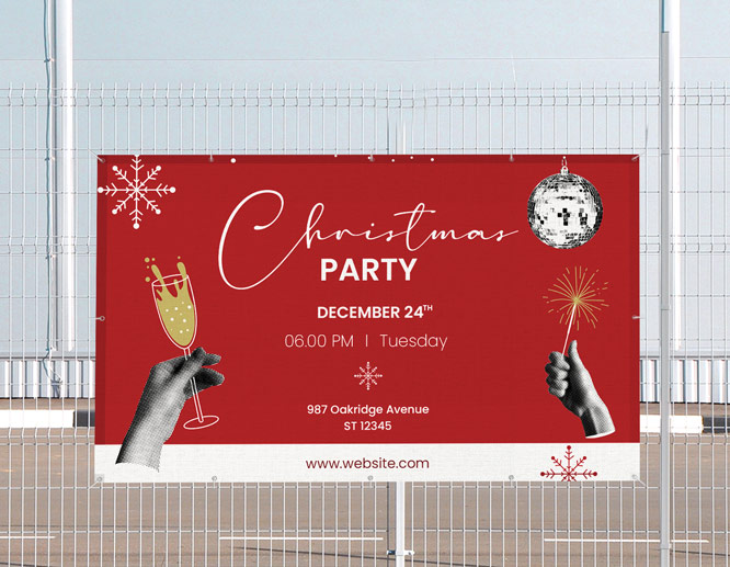 Red festive Christmas banner detailing the event's data with celebratory elements.