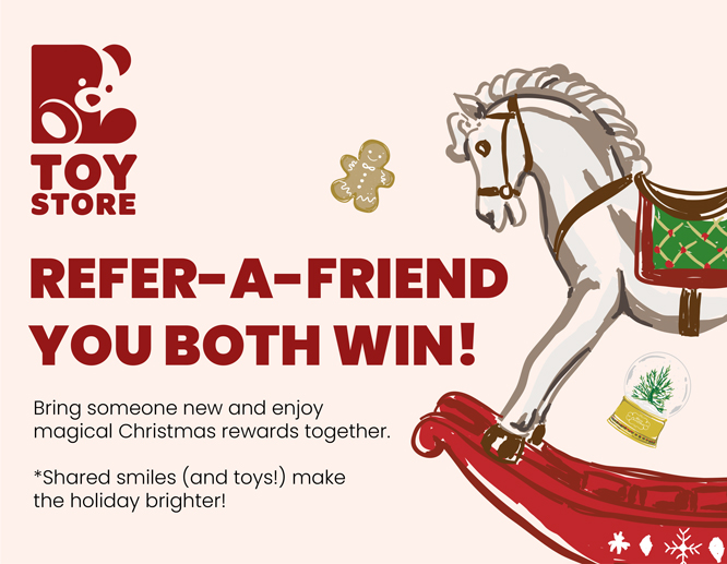 Toy Store refer-a-friend Christmas giveaway program with rocking horse and Santa's sleigh.