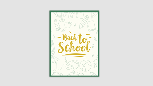 Reflective aluminum Back to School sign in yellow with green frame and school icons.