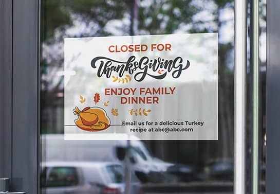 restaurant closed for Thanksgiving sign fixed to the door