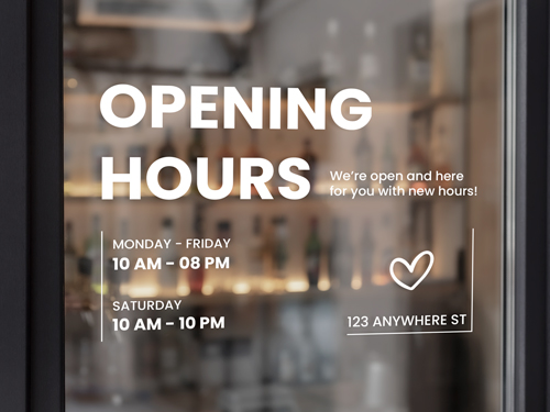Classic restaurant window decal featuring the restaurant's opening hours.