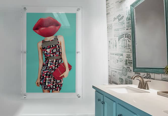 Powder room wall decor portraying a beautiful and funny lady character
