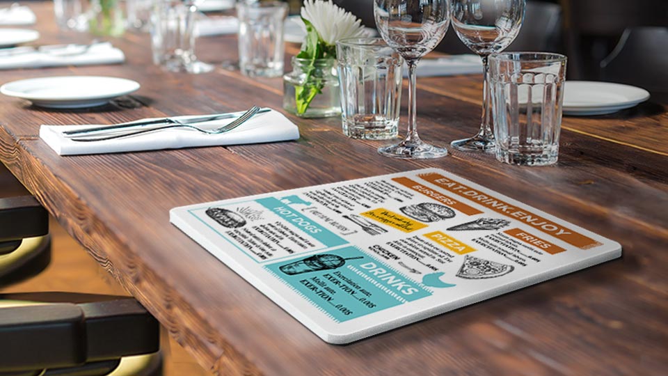 PVC menu board set on a restaurant table