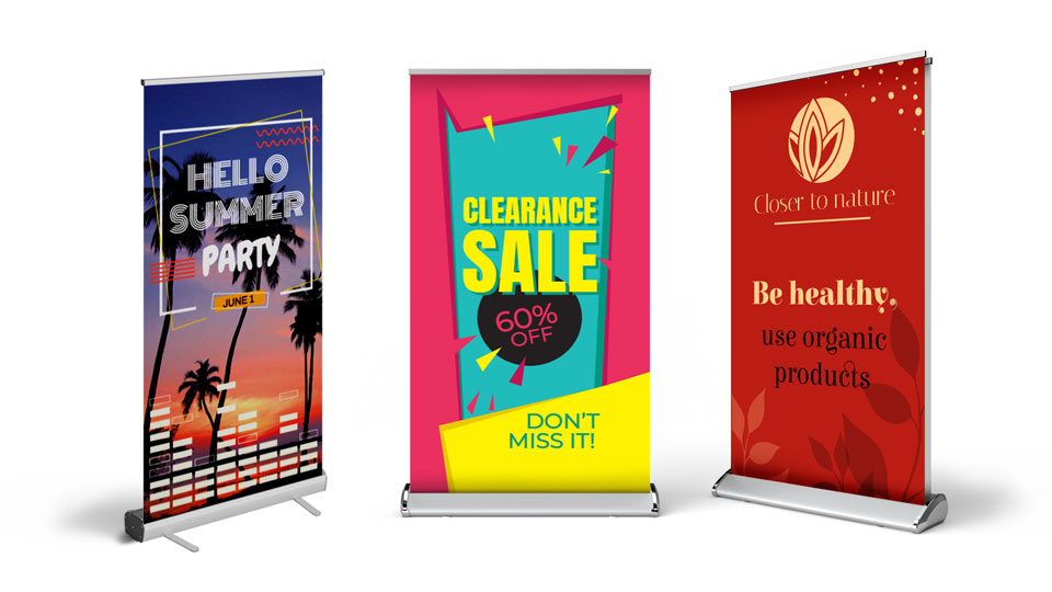 Single and double-sided retractable banners with event graphics
