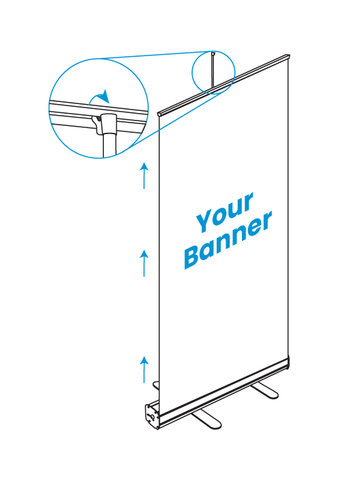 Step three of retractable banners' installation with the product face and poles illustrations
