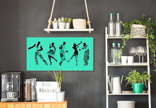 retro style canvas print idea with African traditional dancers in electric blue color